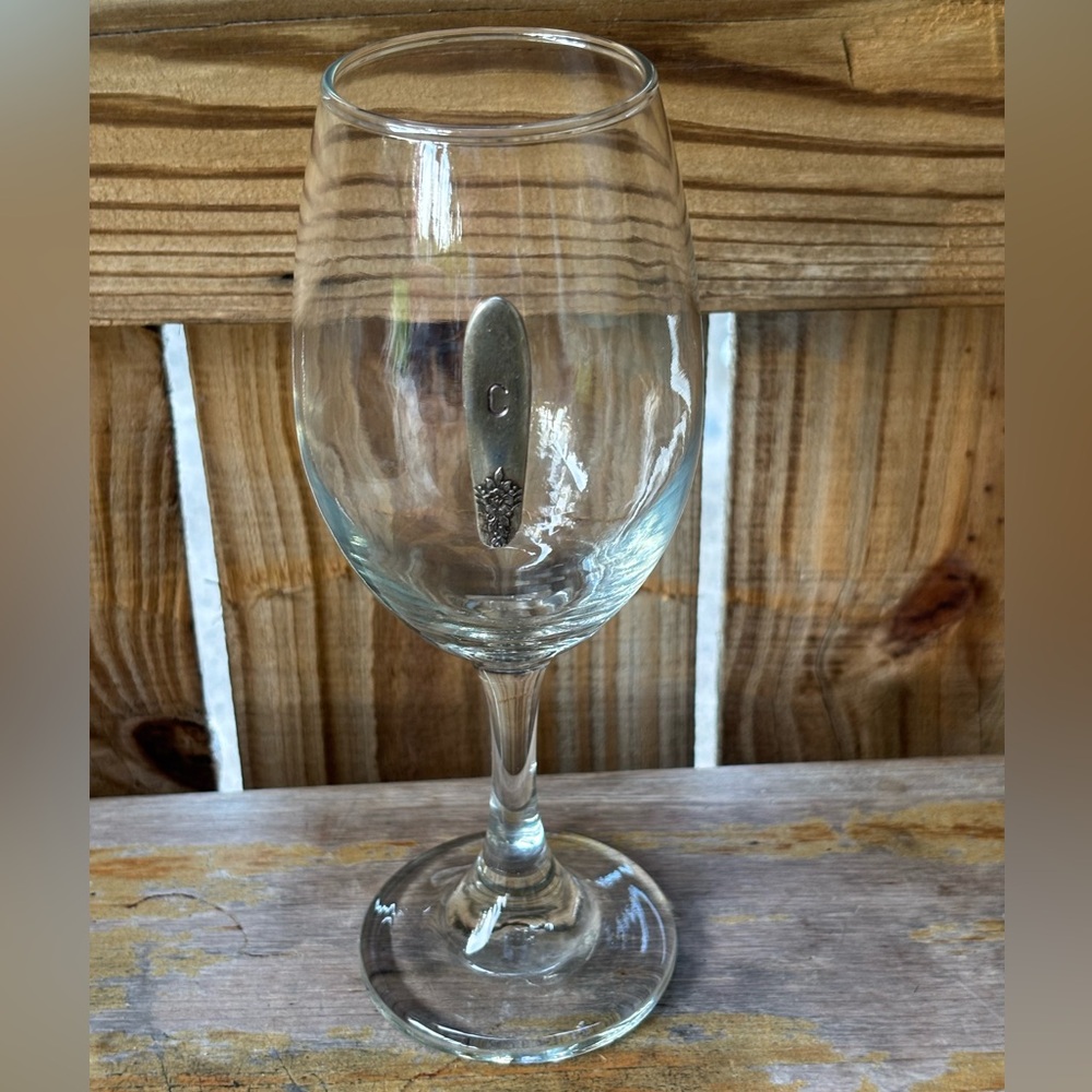Monogram Wine Glass Etched Initial C on Attached Silver Tone Spoon Handle 12oz